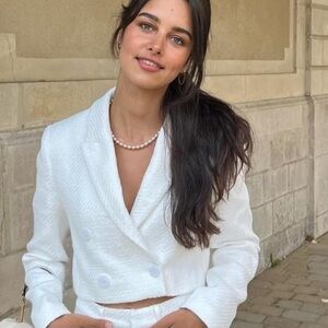 ZARA OYSTER WHITE TWEED DOUBLE BREASTED CROPPED TEXTURED BLAZER blogg favorite